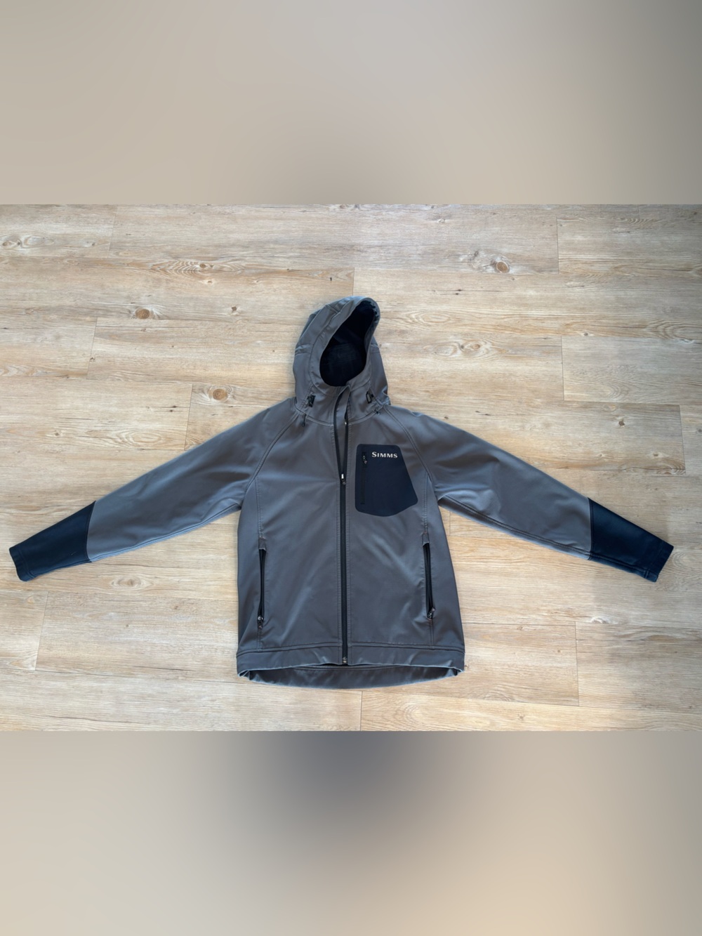 Simms Men's Gray Hooded Softshell Jacket with Black Accents